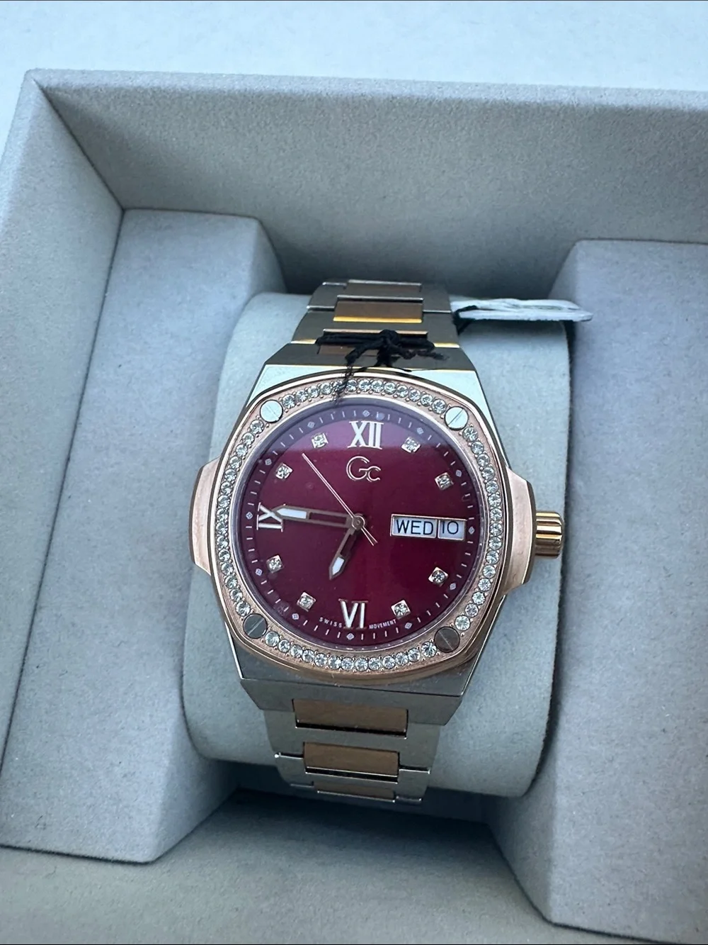 New Gc Two-Tone Bracelet Watch with Burgundy Dial
